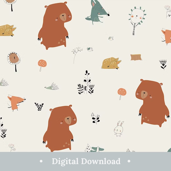 Animals Digital Paper Cute Forest Scrapbook Papers Aesthetic Colorful Seamless Pattern Baby Woodlands Nursery Decor Kids Background