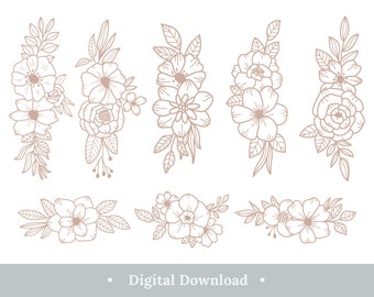 Può includere: Set di otto illustrazioni floreali in linea art in un colore marrone chiaro. Le illustrazioni presentano diversi arrangiamenti di fiori e foglie.