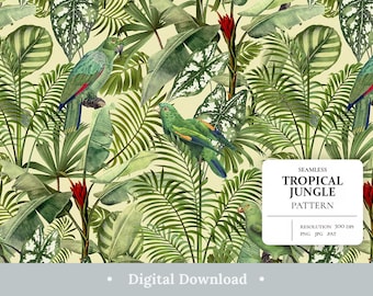 Tropical Digital Paper Parrot Jungle Leaves Scrapbook Papers Colorful Seamless Pattern Aesthetic Background