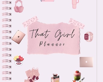 May include: A spiral-bound planner with a light pink cover featuring illustrations of a credit card, headphones, a tumbler, a tablet, a smartwatch, a laptop, an acai bowl, pajamas, perfume, and a dessert. The planner's title reads "That Girl Planner."