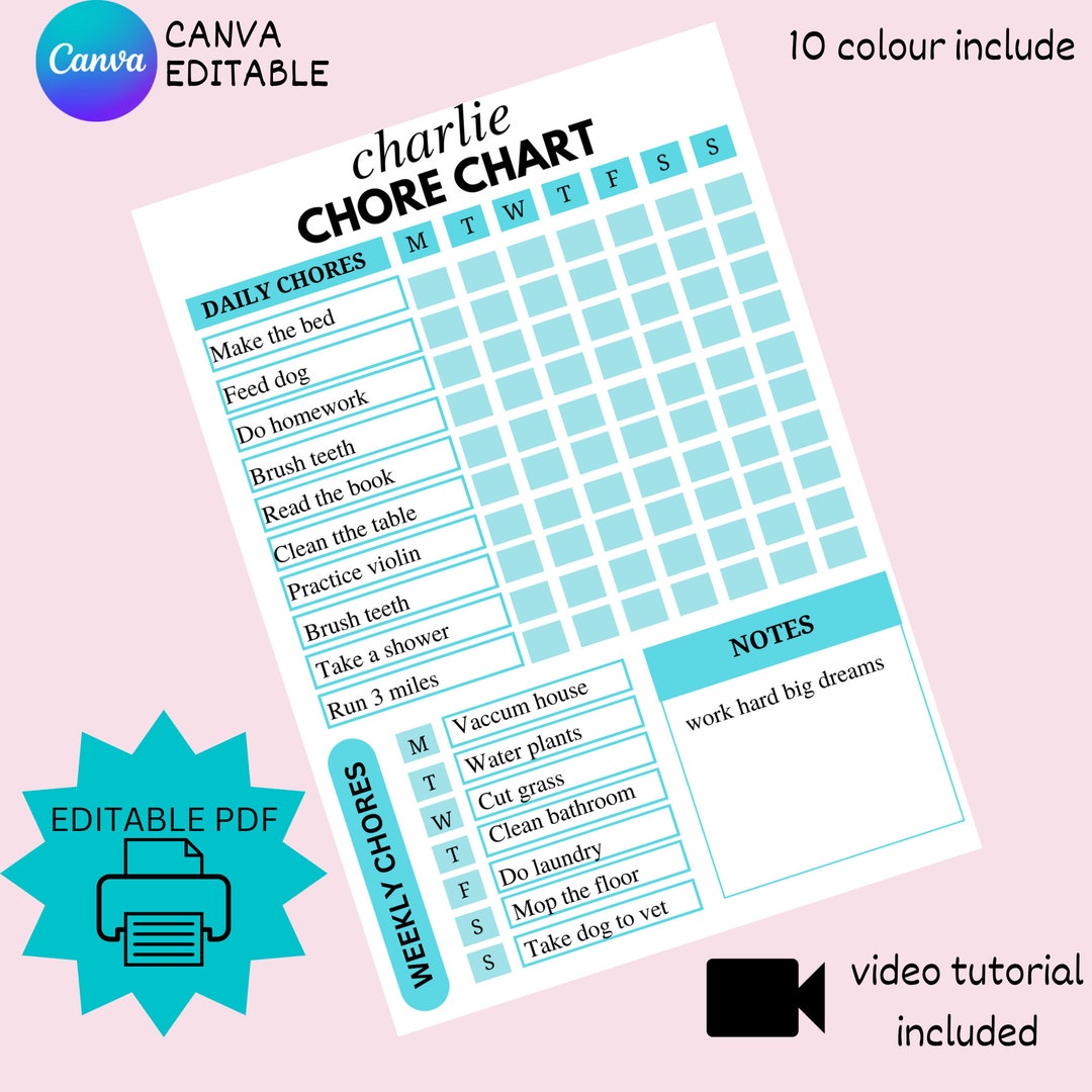 Editable Custom Chore Chart for Kids Routine Chart kids Chore Chart Etsy
