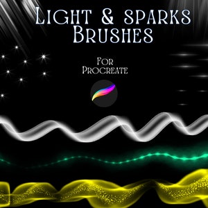 May include: A set of digital brushes for Procreate, featuring light and spark effects. The brushes create white, green, and yellow glowing lines and sparkles.