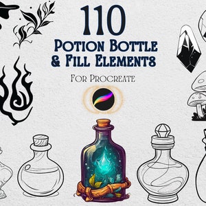 May include: 110 Potion Bottle & Fill Elements for Procreate. A set of black and white illustrations of potion bottles, mushrooms, crystals, and other fantasy elements.