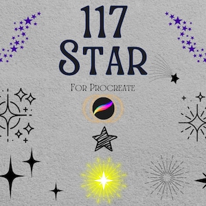 May include: 117 Star Procreate brush set featuring a variety of star shapes, including a shooting star, a starburst, and a simple star. The brush set is designed for use with the Procreate app.