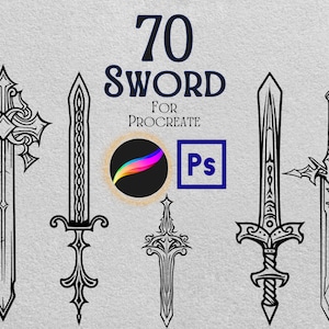 May include: An illustration featuring five stylized black swords with ornate designs. The image includes the text "70 SWORD FOR PROCREATE" and the Procreate and Photoshop logos, suggesting digital art assets.