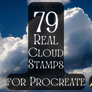 Puede incluir: Un rectángulo negro con texto blanco que dice "79 Real Cloud Stamps for Procreate". El fondo es un cielo azul con nubes blancas.