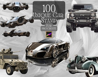 100 pinceles de coches y camiones para Procreate: clásicos, de lujo y militares (descarga digital)