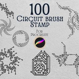 Puede incluir: 100 Sellos de pincel de circuito para Procreate. Un conjunto de sellos digitales que presentan varios diseños de placas de circuito, incluyendo formas circulares, de estrella y rectangulares.