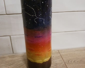 Hand-painted stainless steel tumbler - Birth month constellation sunset