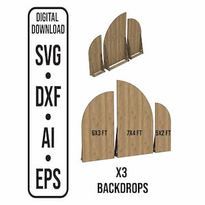 Puede incluir: Gráfico de descarga digital con tres fondos de madera de diferentes tamaños: 6x3 pies, 7x4 pies y 5x2 pies (aproximadamente 183x91 cm, 213x122 cm y 152x61 cm). Incluye el texto "X3 BACKDROPS" y formatos de archivo: SVG, DXF, AI y EPS.