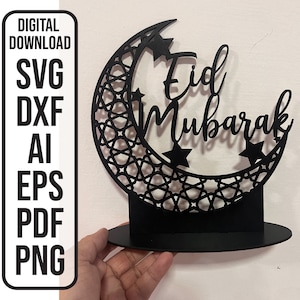 Eid Mubarak Mashrabiya Crescent Moon Stand, Ramadan Mubarak Laser Cut Plotterdatei Digitaler Download SVG, ai, dxf, eps, pdf, png