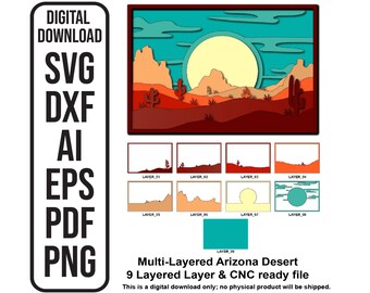 Arizona Desert Kaktus Laser Cut Datei: Multilayer Schattenbox (SVG, PDF, PNG)
