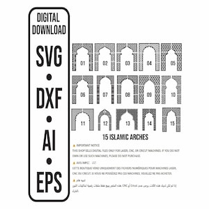 Può includere: Grafica scaricabile digitalmente con 15 archi islamici in vari motivi decorativi. L'immagine include etichette di tipo di file: SVG, DXF, AI ed EPS. Il testo in basso recita "15 archi islamici".