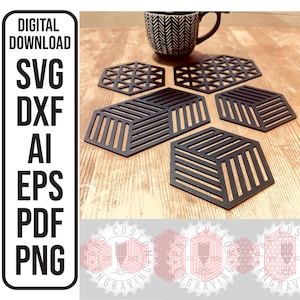 May include: Set of five black geometric coasters with a hexagonal shape. The coasters have a repeating pattern of lines and are made of a durable material.