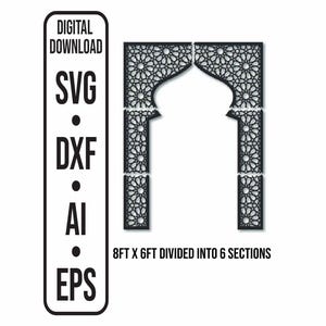 Puede incluir: Diseño de panel decorativo negro cortado con láser en forma de arco, dividido en seis secciones. El diseño presenta un patrón floral repetitivo. La imagen incluye el texto "DESCARGA DIGITAL" y opciones de tipo de archivo: SVG, DXF, AI y EPS. Las dimensiones son 244 cm x 183 cm.
