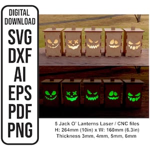 Pode incluir: Cinco designs de lanternas Jack-O'-Lantern cortadas a laser com diferentes expressões faciais. As lanternas são de madeira e medem 25,4 cm de altura por 16 cm de largura. As lanternas estão disponíveis em quatro espessuras: 3 mm, 4 mm, 5 mm e 6 mm.