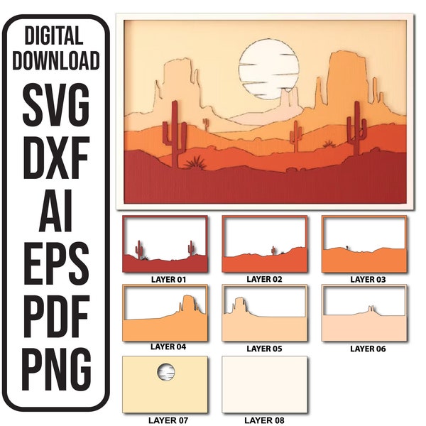 Arizona Laser Cut files  Multi-Layered Laser Cut File Southeast Desert Cactus Cricut Multilayer Shadow Box cnc plans  SVG ai dxf eps pdf png