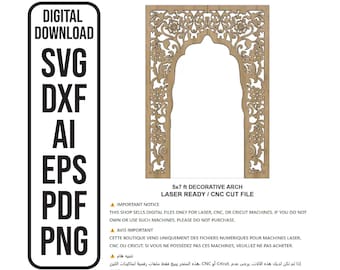 May include: Digital download file for a 5x7 foot decorative arch. The arch is made of intricate floral designs and is laser ready or CNC cut. The file is available in SVG, DXF, AI, EPS, PDF, and PNG formats.