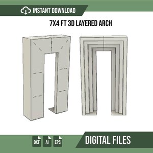 以下が含まれることがあります： 7x4フィートの3Dレイヤードアーチ用デジタルファイルセット。画像には、長方形のアーチ構造のライトグレーの技術レンダリングが2つ表示されており、1つは側面からの角度、もう1つは入れ子状のレイヤードフレームを備えた正面図です。
