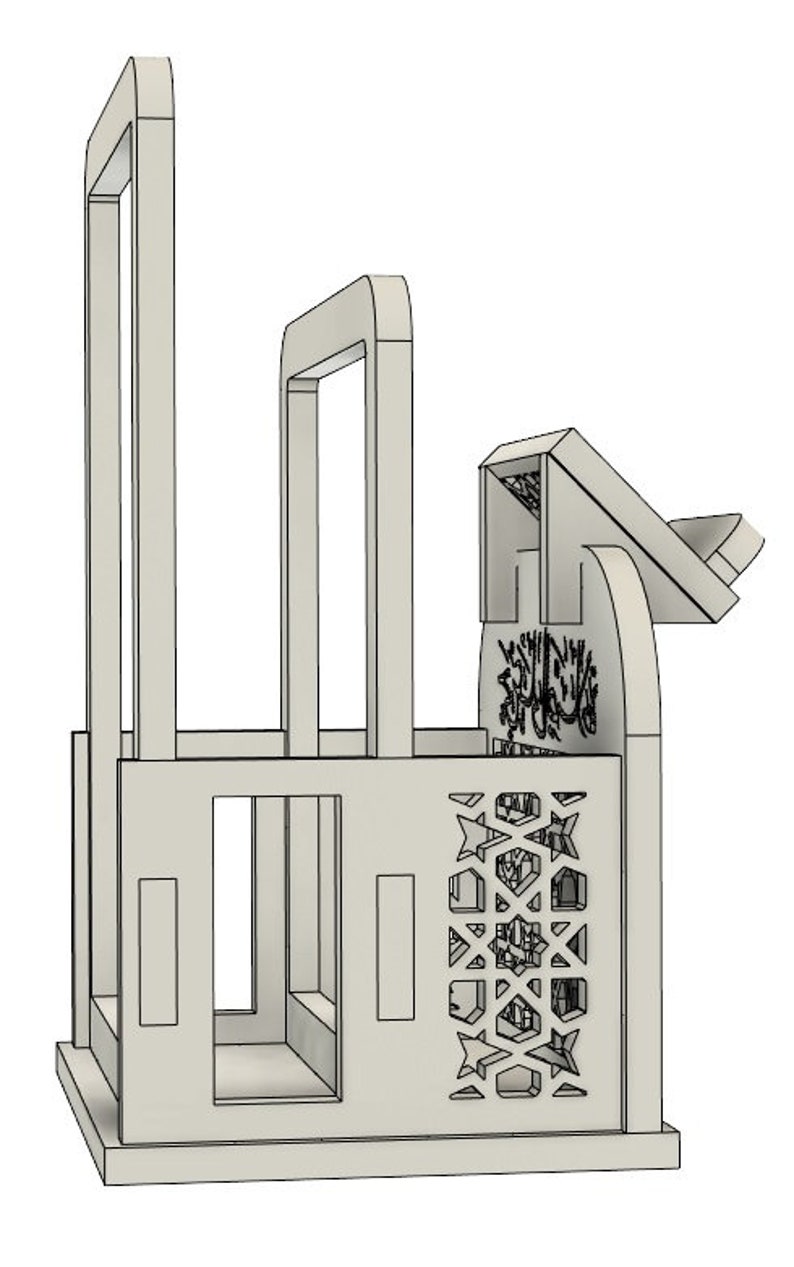May include: A white wooden model of a mosque with intricate geometric patterns and Arabic calligraphy on the front. The model has a square base and a tall, pointed roof.