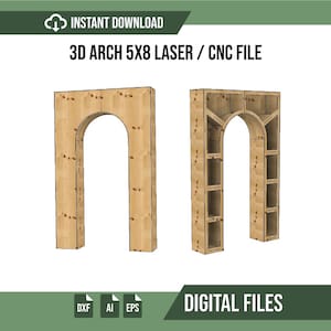 以下が含まれることがあります： 3Dアーチ5x8レーザーまたはCNCプロジェクト用のデジタルファイル。画像には、明るい木目調のアーチ構造の2つのビューが表示されており、1つはソリッドな前面、もう1つは複数のコンパートメントを備えた内部棚のデザインを示しています。