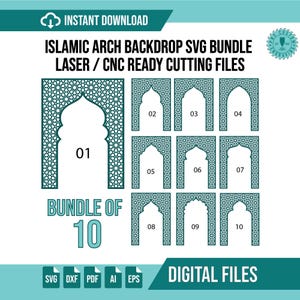 Pode incluir: Um pacote de arquivos digitais com dez designs de fundo de arco islâmico em verde-azulado. Os designs são arquivos de corte prontos para laser e CNC. O texto inclui "Download instantâneo", "Pacote de 10" e ícones de tipo de arquivo.