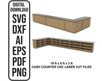 Conception modulaire de caisse enregistreuse CNC 19 pi x 8 pi, comptoir de bar, 4 composants, fichier de découpe laser téléchargement numérique SVG, ai, dxf, eps, pdf