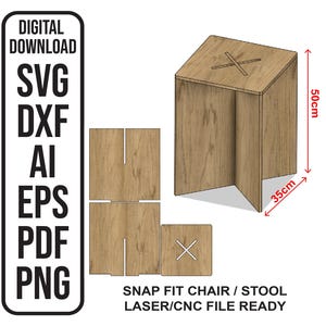 Snap Fit krukstoel - Slot Together-ontwerp voor lasersnijden en CNC | 12 mm houtdikte | Svg Dxf Ai Pdf Png Eps digitaal bestand