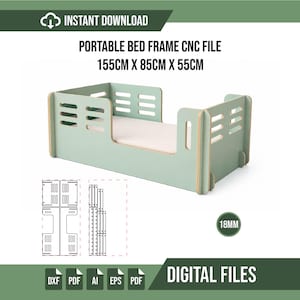 May include: A light green portable bed frame with slotted side panels and a white mattress surface. The text reads PORTABLE BED FRAME CNC FILE 155CM X 85CM X 55CM and 18MM. Includes technical line drawings of the components for digital fabrication.
