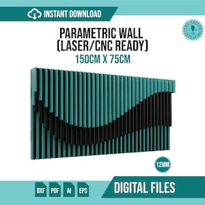 Puede incluir: Un diseño de pared paramétrico en color verde azulado y negro, listo para láser y CNC, con dimensiones de 150cm x 75cm. El diseño presenta líneas verticales que se curvan en un patrón de onda. La imagen incluye el texto "Descarga instantánea" y "Archivos digitales".