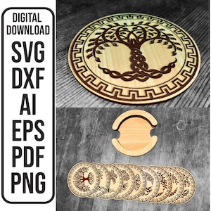 May include: Set of six wooden coasters featuring a Celtic knot tree of life design. Each coaster is approximately 4 inches in diameter and has a brown wood finish.