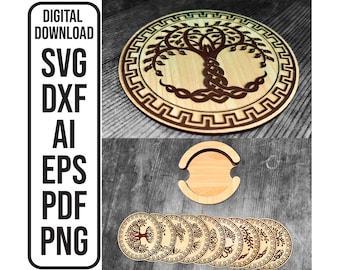 Sous-verres celtiques arbre de vie, 9 sous-verres ronds avec porte-sous-verre rond, modèles de décoration Fichier laser SVG, ai, dxf, eps, pdf, png