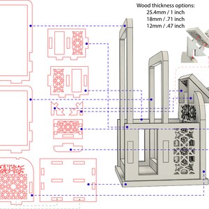 May include: Diagram of a wooden model kit with different thickness options: 1 inch, .71 inch, and .47 inch. The model is a detailed design of a mosque with intricate patterns and Arabic calligraphy.