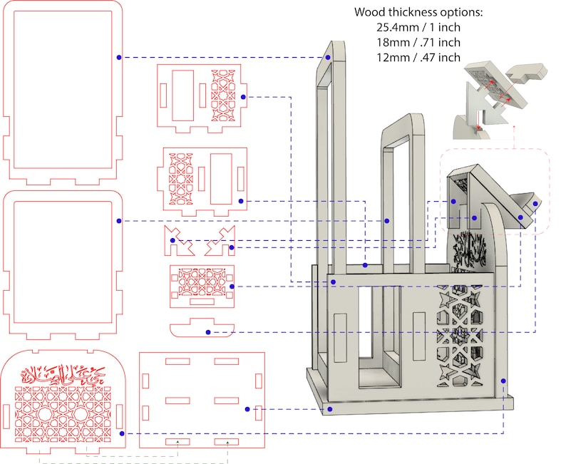 May include: Diagram of a wooden model kit with different thickness options: 1 inch, .71 inch, and .47 inch. The model is a detailed design of a mosque with intricate patterns and Arabic calligraphy.