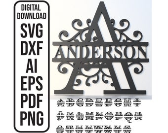 Podzielony monogram w formacie DXF z nazwą: pliki wycinane laserowo od A do Z (pobranie cyfrowe)