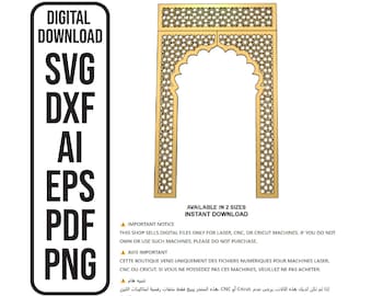 May include: A digital download graphic featuring a gold-colored, ornate archway design. The image includes the text "DIGITAL DOWNLOAD" and file type options: SVG, DXF, AI, EPS, PDF, and PNG. The text "AVAILABLE IN 2 SIZES" is also present.
