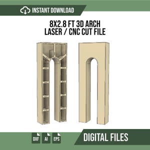 以下が含まれることがあります： 8x2.8フィートの3DアーチレーザーまたはCNCカットプロジェクト用のデジタルファイル。画像には、ベージュ色の2つの構造用アーチデザインが表示されており、一方は内部の格子状のサポートフレームを示し、もう一方は滑らかな外観を示しています。