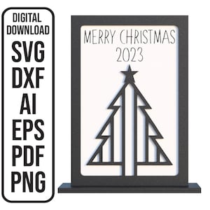 May include: A black and white digital download of a Christmas card design featuring a stylized Christmas tree with a star on top and the text "Merry Christmas 2023".