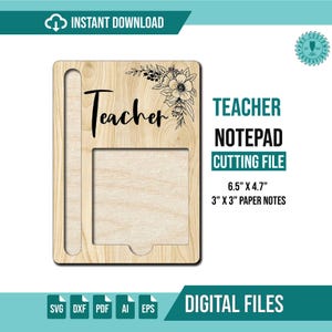 Könnte beinhalten: Ein hölzerner Lehrer-Notizblock mit dem Wort "Teacher" in schwarzer Schrift und floralen Akzenten. Der Notizblock ist für 7,6 cm x 7,6 cm große Notizen konzipiert und misst 16,5 cm x 12 cm. Das Bild enthält auch den Text "Sofort-Download" und "Digitale Dateien".