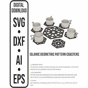 May include: A digital download file set for laser, CNC, or Cricut machines featuring Islamic geometric pattern coasters. The image displays four white cups resting on black hexagonal coasters with intricate cutouts, plus one extra coaster.