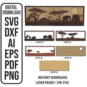 Savana africana multistrato SVG Safari africano File di taglio Decorazione da parete Scatola delle ombre per taglio laser CNC Download digitale SVG, ai, dxf, eps, pdf, png