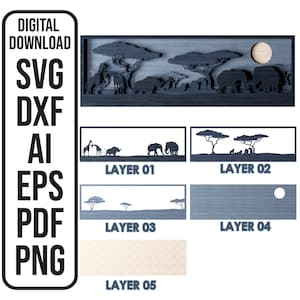 Savana africana multistrato Multistrato African Safari Night Shadow Box File di taglio per taglio laser Download digitale SVG, ai, dxf, eps, pdf, png