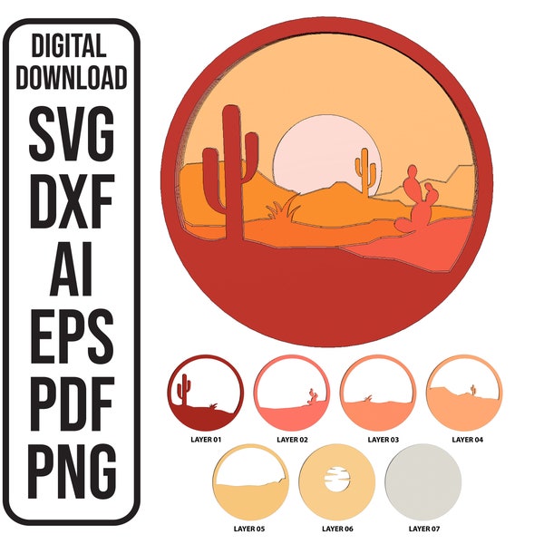 Multilayer Desert Round Laser Cut File Southeast Arizona Desert Southeast Cactus Round Shadow Box Laser Files SVG ai dxf eps pdf png