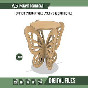 Könnte beinhalten: Eine digitale Datei für einen runden Tisch mit einem schmetterlingsförmigen Untergestell aus hellen holzfarbenen Platten mit Ausschnitten. Das Design enthält den Text "BUTTERFLY ROUND TABLE LASER / CNC CUTTING FILE" und ein "18MM"-Symbol.