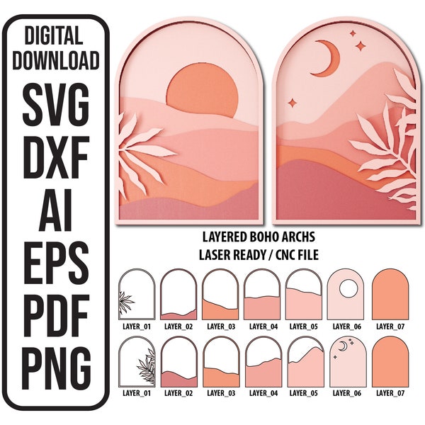 Fichier SVG multicouche découpé au laser Style bohème boîte de l'ombre Art mural multicouche 3D fichier découpé au laser téléchargement numérique SVG, ai, dxf, eps, pdf, png