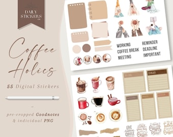 Coffeeholic Watercolor Digital Stickers for Goodnotes, Coffee Addict, Coffee Lover Stickers, Coffee Digital Stickers, Cozy Caffeine Stickers