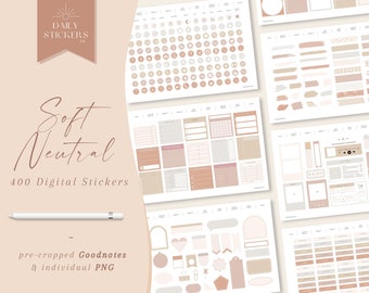 Puede incluir: Un conjunto de 400 pegatinas digitales en una paleta de colores neutros suaves. Las pegatinas están precortadas para Goodnotes y también están disponibles como archivos PNG individuales. Las pegatinas incluyen una variedad de diseños, como círculos, cuadrados, rectángulos y líneas. Las pegatinas son perfectas para agregar un toque de personalidad a tu planificador, diario o cuaderno digital.