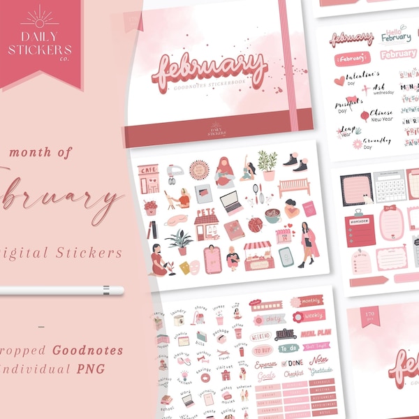 Month of February Goodnotes Digital Stickers for Everyday Use, Monthly Stickers, Daily Stickers, Modern Stickers, February Digital Stickers