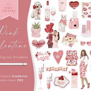 Pink Valentine&#39;s Day Digital Stickers: Goodnotes Planner (125 PNG)