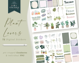 May include: A set of 75 digital stickers featuring illustrations of plants, flowers, and leaves. The stickers are designed for use in digital planners and journals. The stickers include text such as "Brave", "Cool", "OMG", "Hey", "Hello", "You are doing great!" and "Today", "Tomorrow", "Weekend", "Special Day".